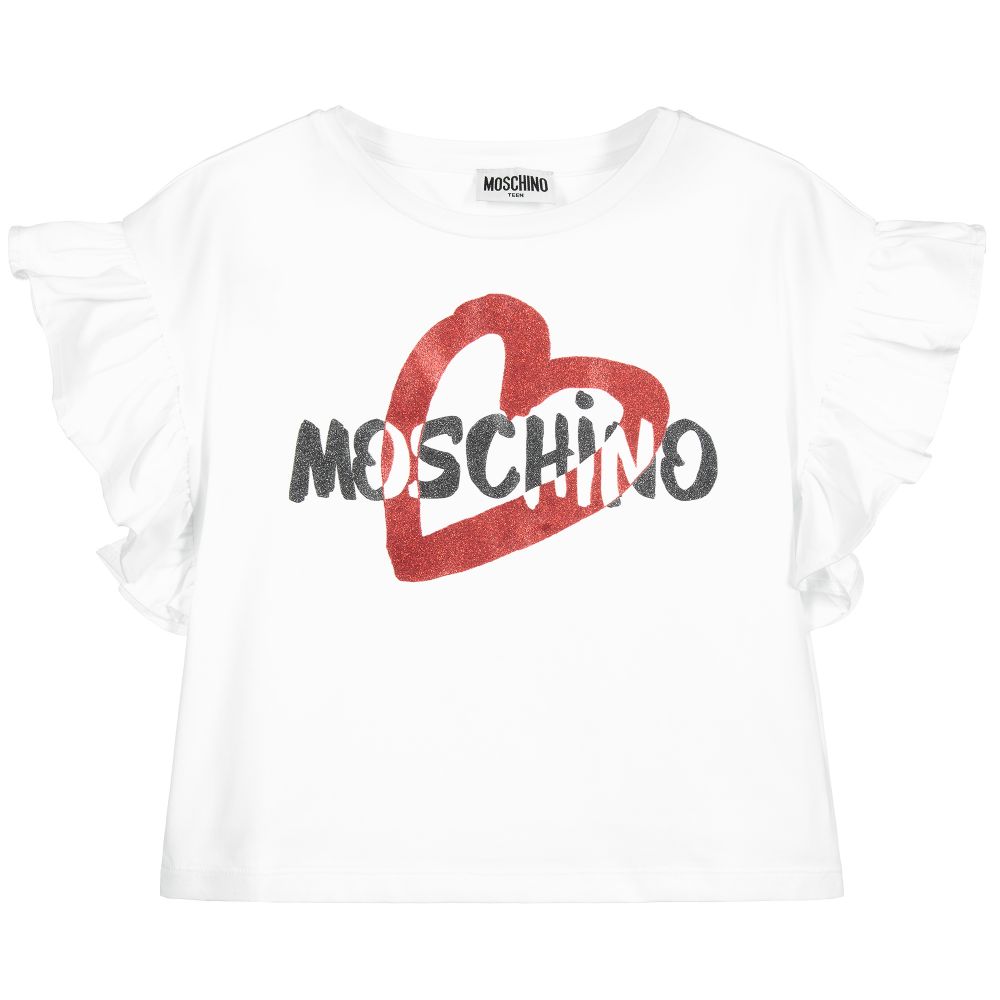Moschino Kid-Teen - تيشيرت كروب قطن جيرسي لون أبيض، أحمر وأسود | Childrensalon