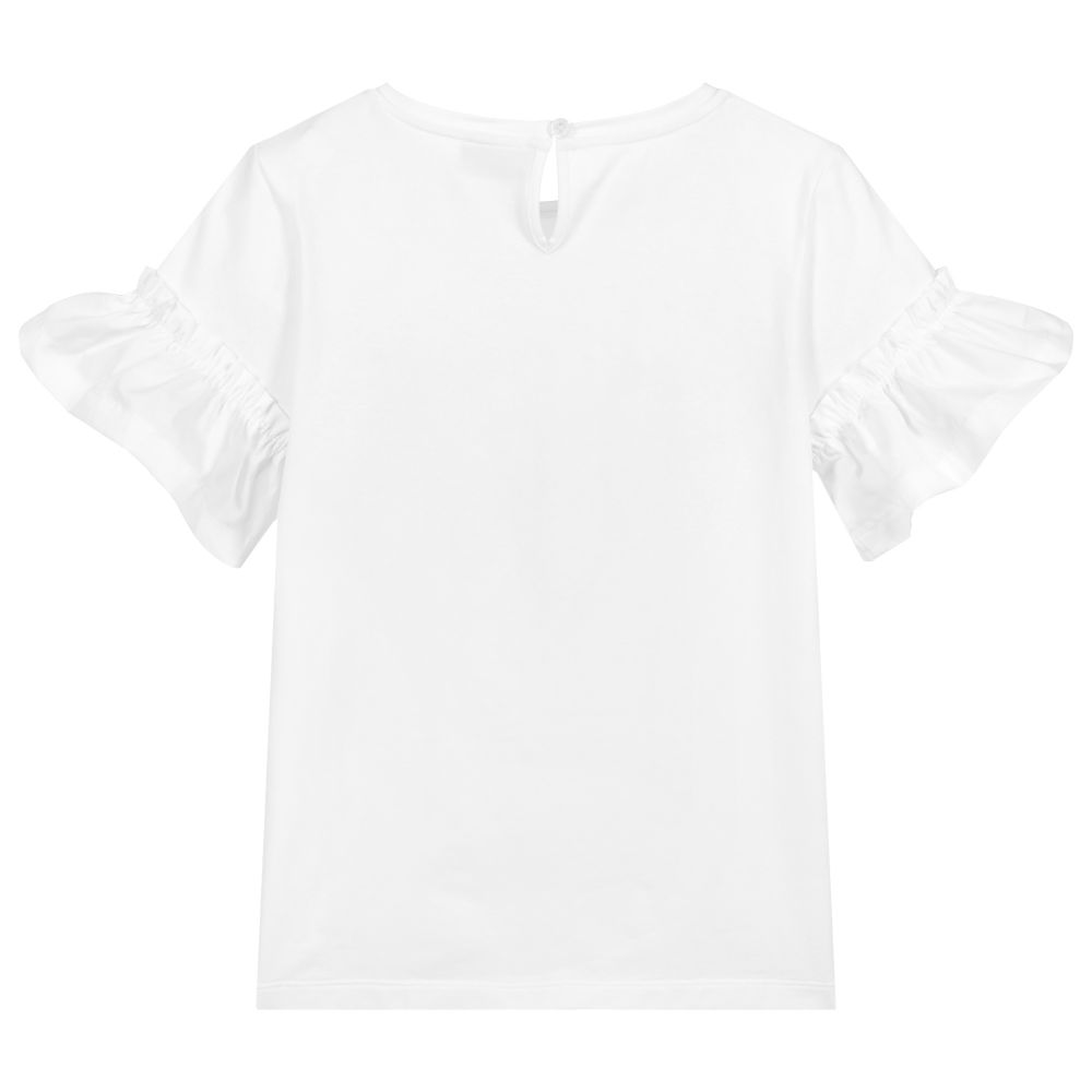 موسكينو Kid-Teen-تيشيرت بأكمام كشكش وتطريز لون أبيض للبنات | Childrensalon Outlet