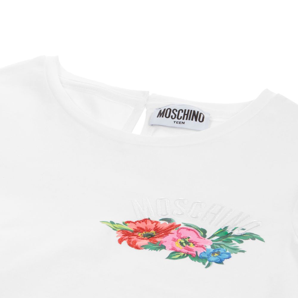 موسكينو Kid-Teen-تيشيرت بأكمام كشكش وتطريز لون أبيض للبنات | Childrensalon Outlet