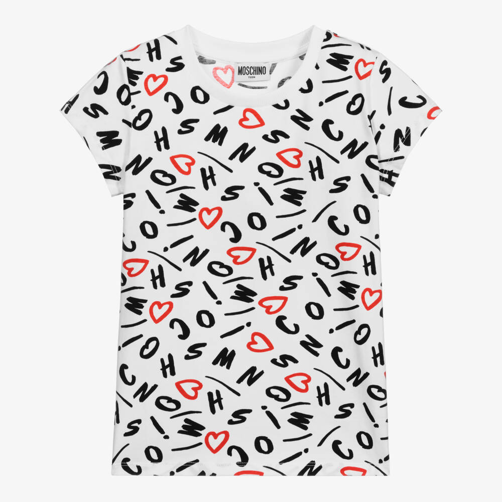 Moschino Kid-Teen-تيشيرت قطن جيرسي لون أبيض، أحمر وأسود | Childrensalon Outlet