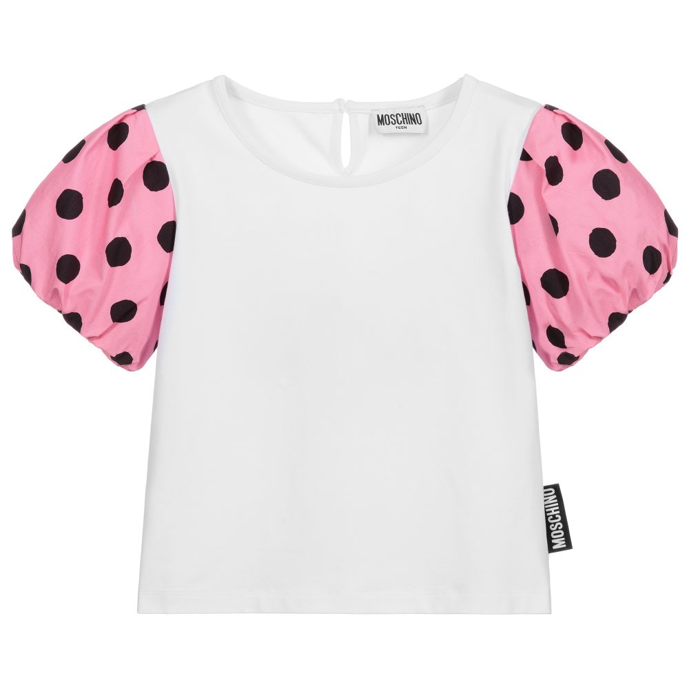 Moschino Kid-Teen - Футболка белого и розового цвета в горошек для подростков | Childrensalon