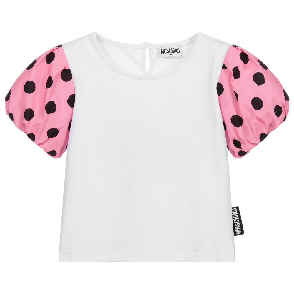 Moschino Кид-Тин-Футболка белого и розового цвета в горошек для подростков | Childrensalon Outlet