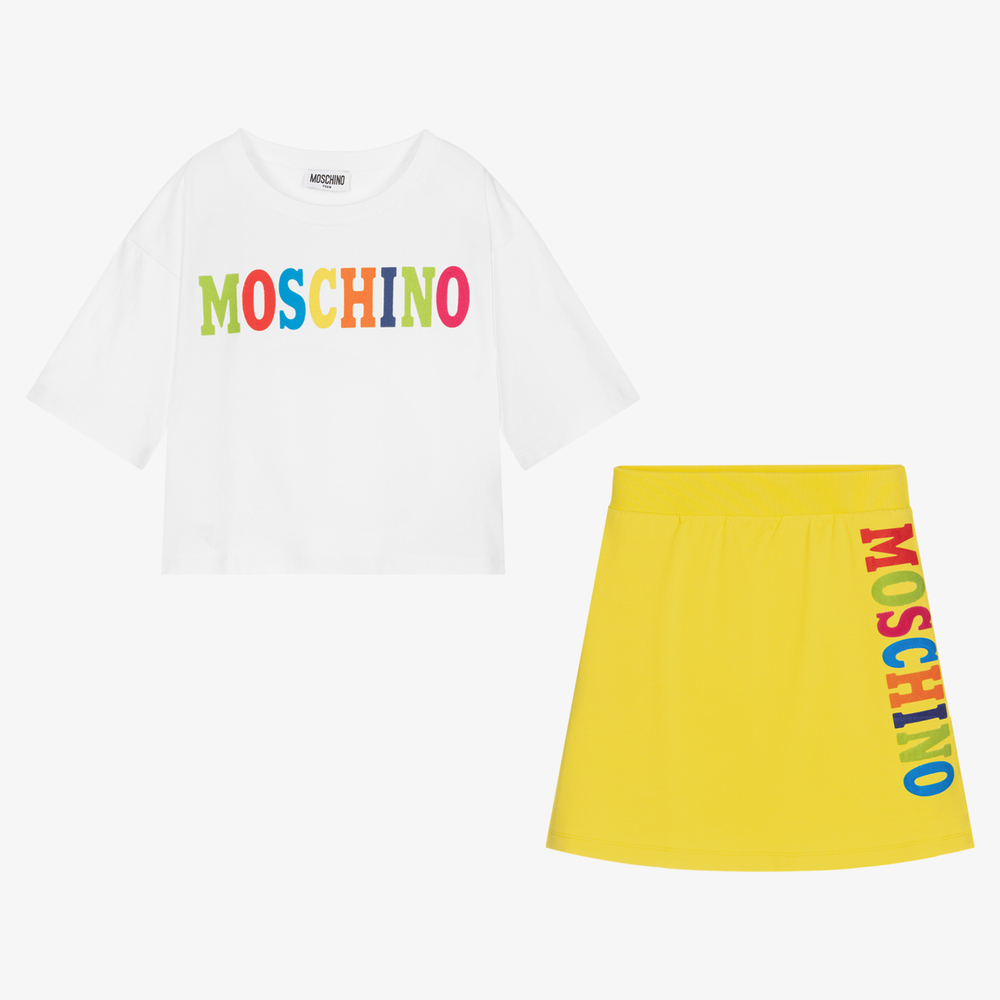 Moschino Kid-Teen - طقم تنورة قطن جيرسي لون أبيض وأصفر | Childrensalon