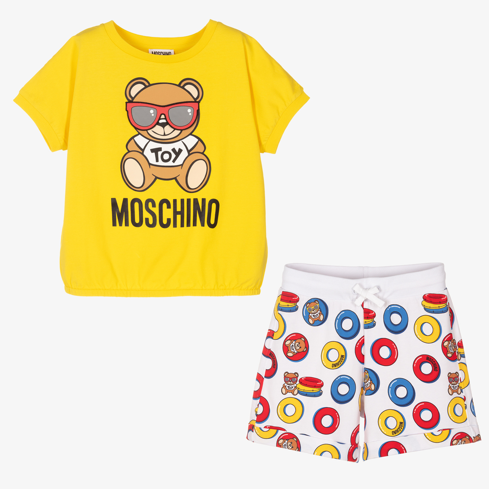 Moschino Kid-Teen - طقم شورت تينز بناتي قطن جيرسي لون أصفر وأبيض | Childrensalon