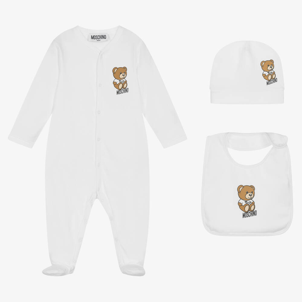 Moschino Baby - White Babygrow Teddy Bear Set | Childrensalon
