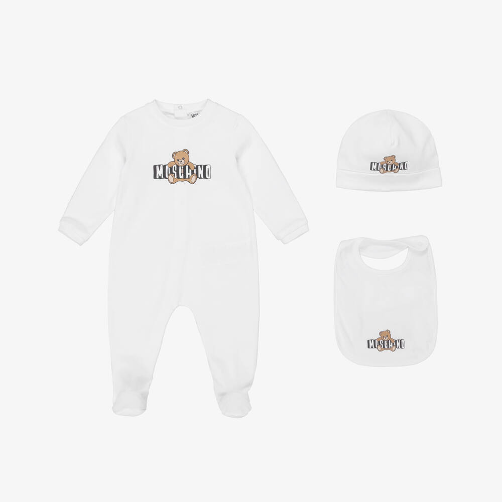 Moschino-White Bear Logo Babysuit Set | Childrensalon Outlet