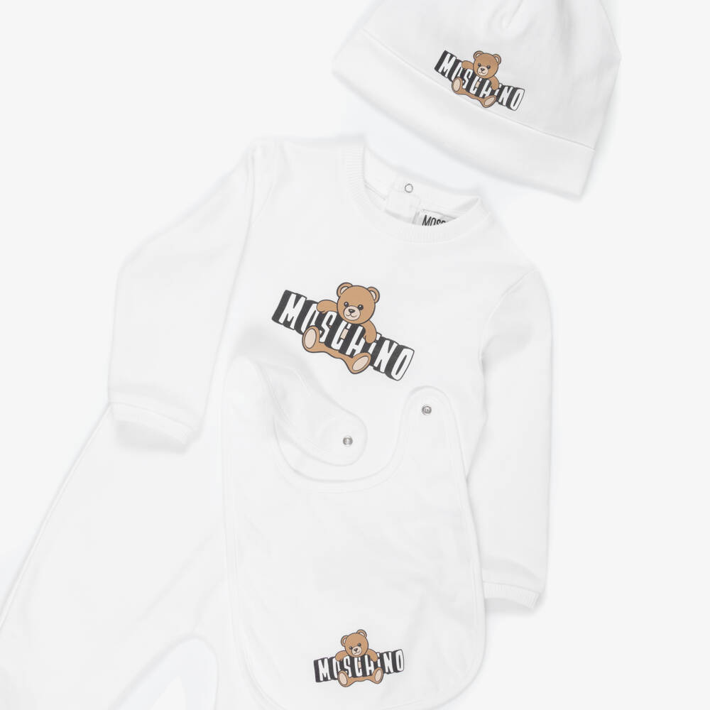 Moschino-White Bear Logo Babysuit Set | Childrensalon Outlet