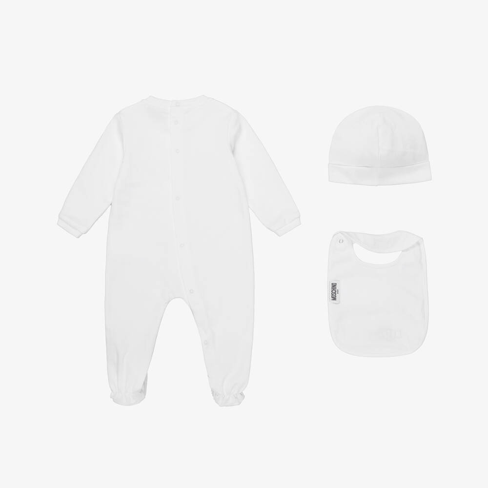 Moschino-White Bear Logo Babysuit Set | Childrensalon Outlet