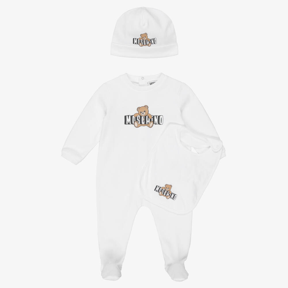 Moschino-White Bear Logo Babysuit Set | Childrensalon Outlet