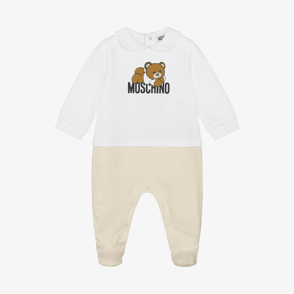 Moschino Baby-White & Beige Organic Cotton Babygrow | Childrensalon Outlet