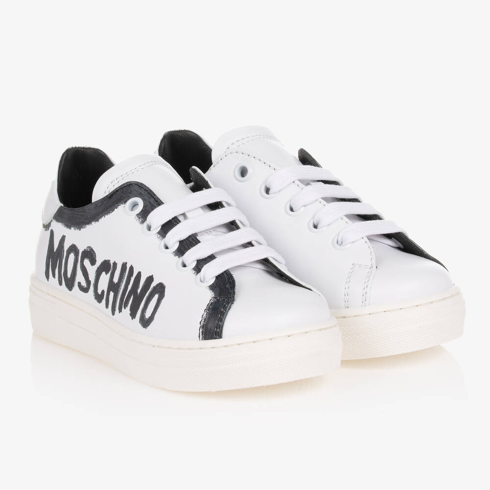Moschino Kid-Teen - White & Black Logo Lace-Up Trainers | Childrensalon