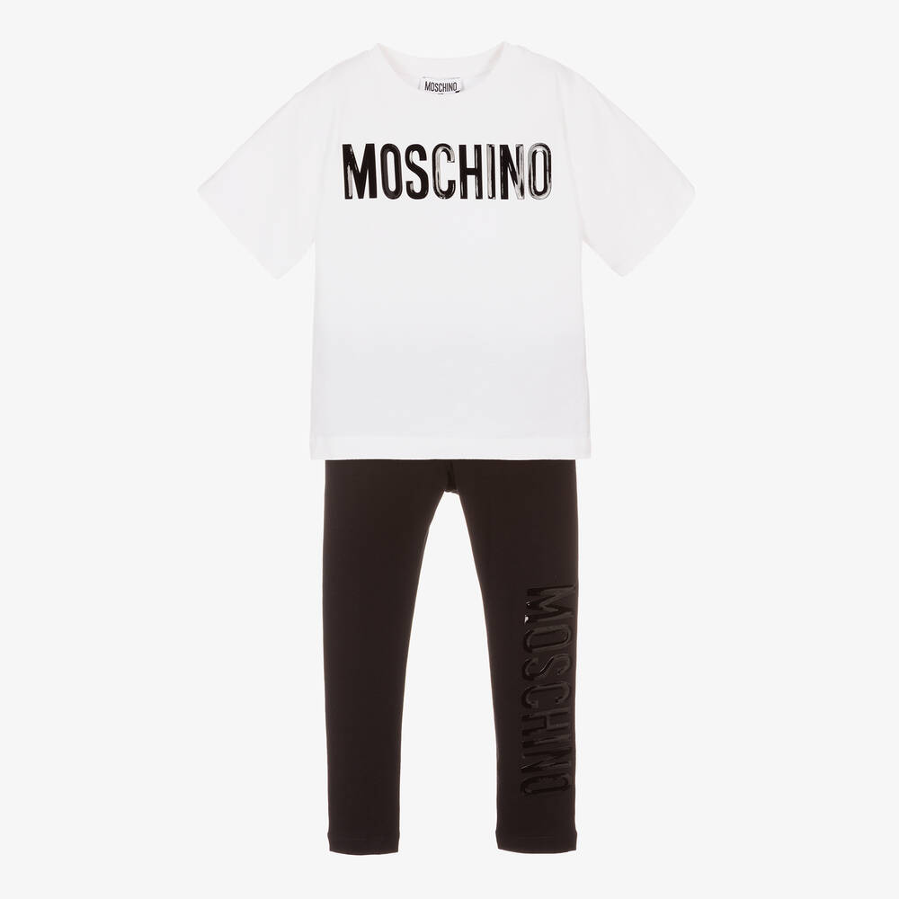 Moschino Kid-Teen - طقم ليغنغز قطن جيرسي لون أيبض وأسود للبنات | Childrensalon