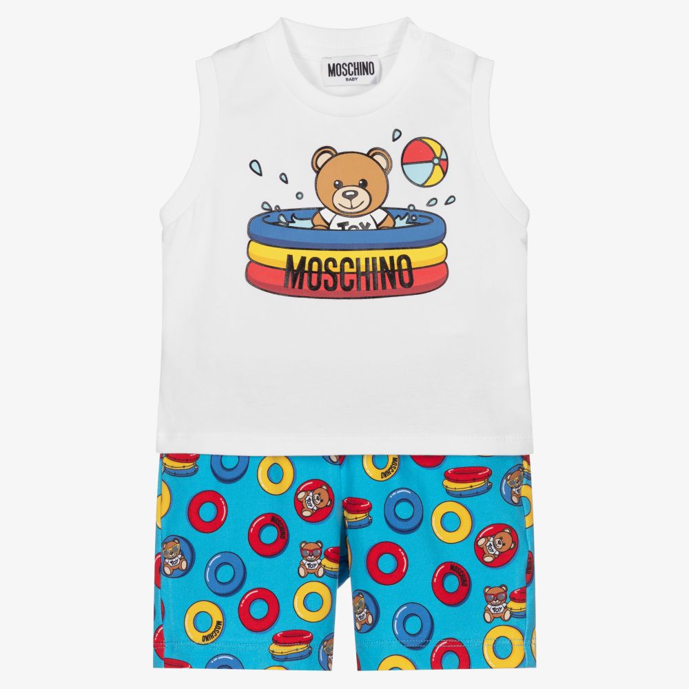 Moschino Baby - Белый топ и голубые хлопковые шорты | Childrensalon