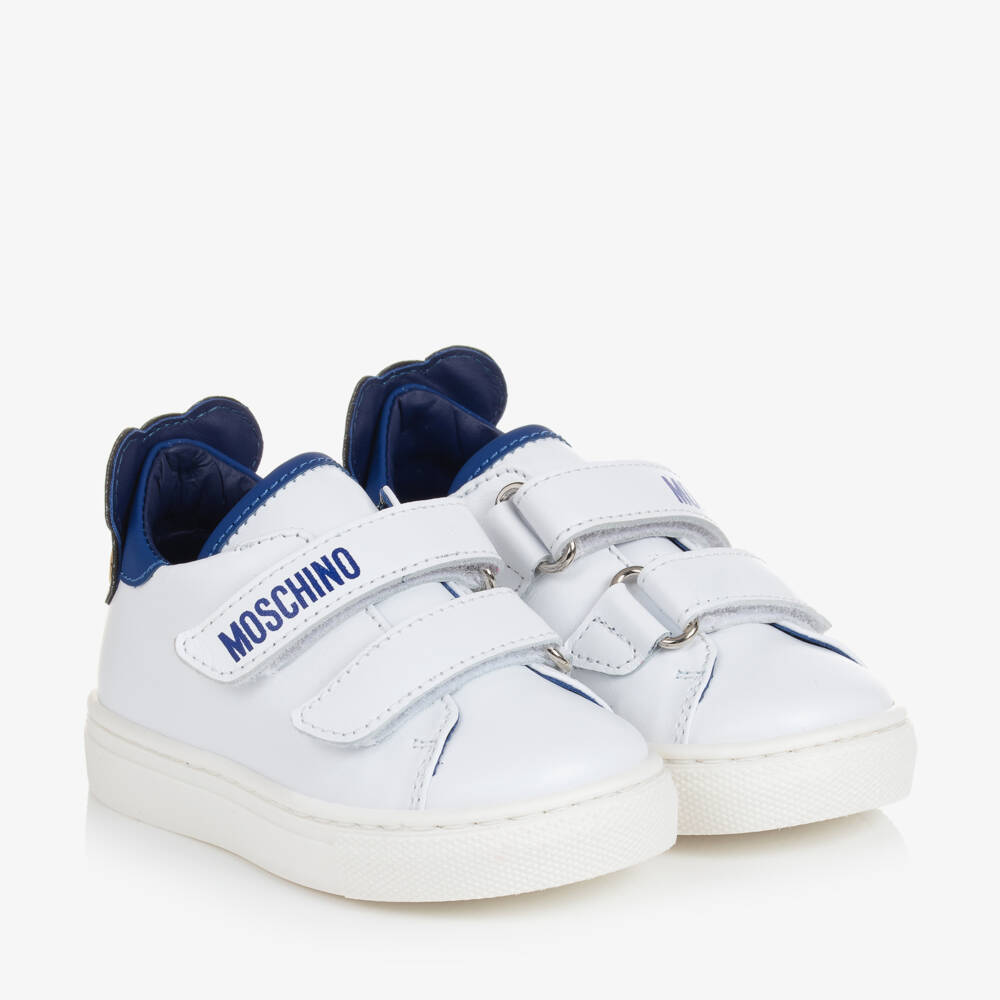 Moschino Kid-Teen-White & Blue Leather Teddy Bear Trainers | Childrensalon Outlet