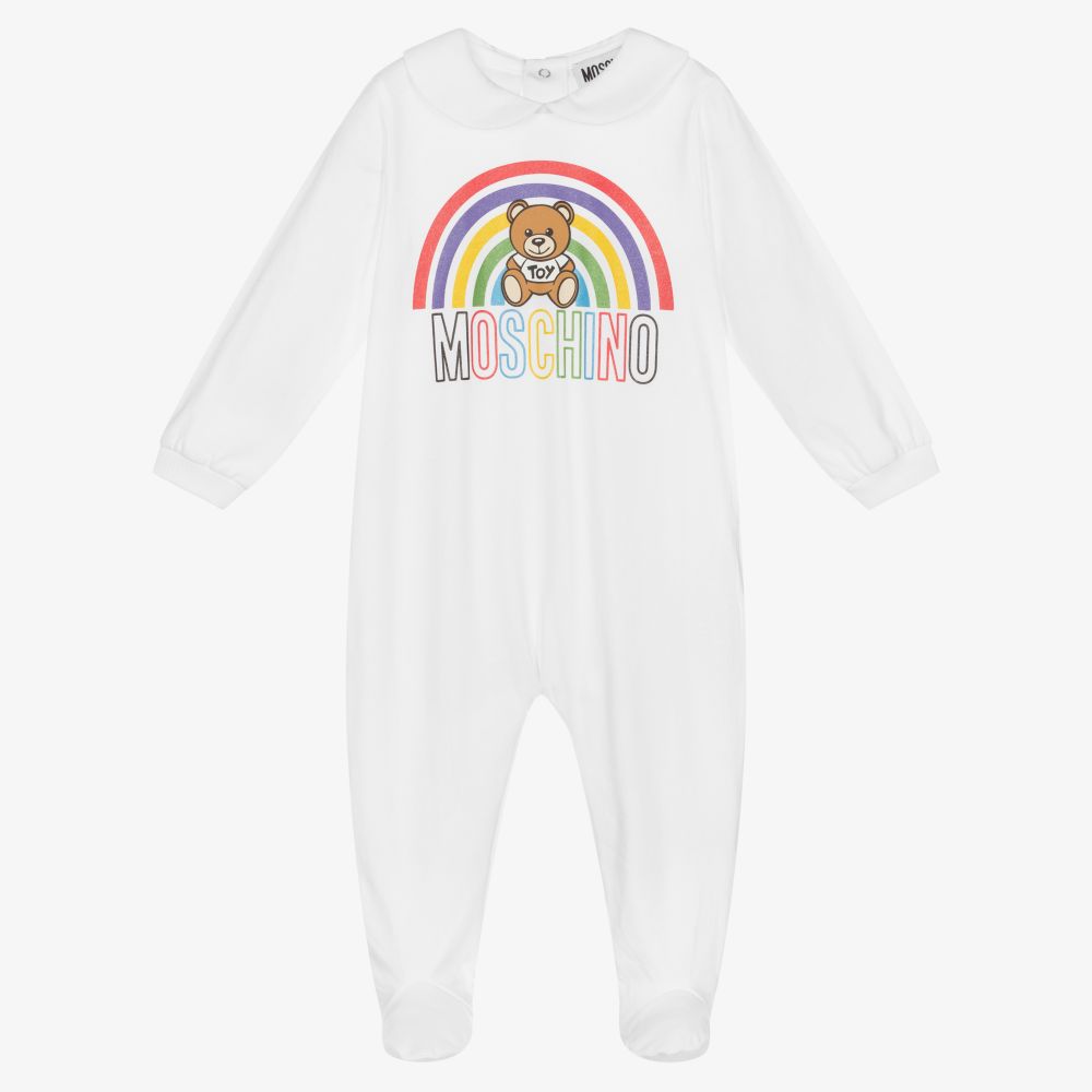 Moschino Baby - White Cotton Logo Babygrow | Childrensalon