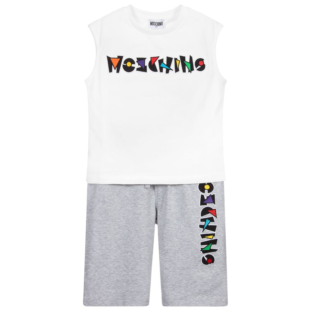 Moschino Kid-Teen - طقم شورت قطن جيرسي لون أبيض ورمادي للأولاد | Childrensalon