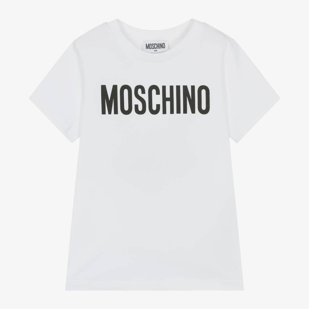 Moschino-White Cotton T-Shirt With Large Black Logo | Childrensalon Outlet