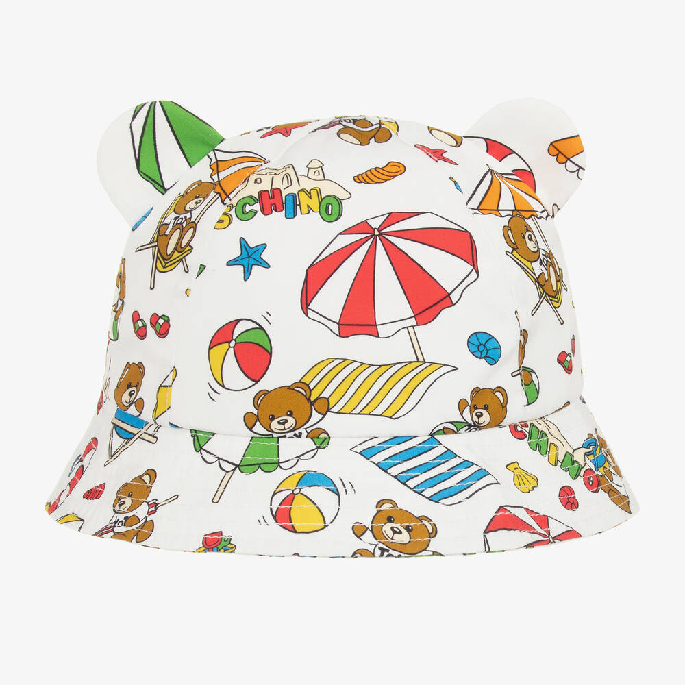 Moschino Baby-White Cotton Teddy Bear Beach Print Hat | Childrensalon Outlet
