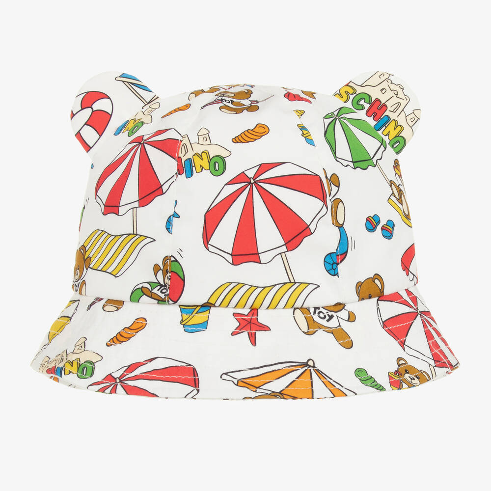 Moschino Baby-قبعة شاطيء بطبعة تيدي بير قطن لون أبيض | Childrensalon Outlet