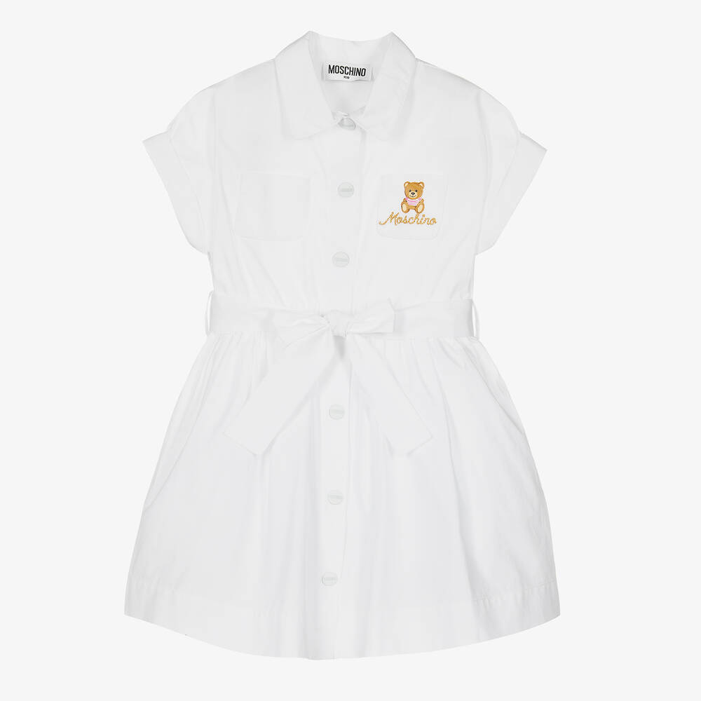 Moschino Kid-Teen - Белое хлопковое платье-рубашка с медвежонком | Childrensalon