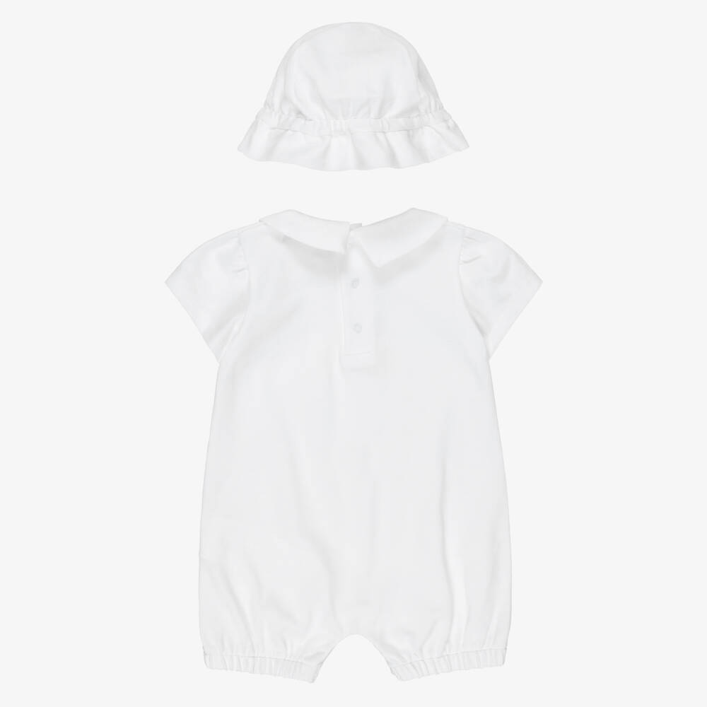 Moschino-White Flower Bear Pique Shortie And Sun Hat Set | Childrensalon Outlet