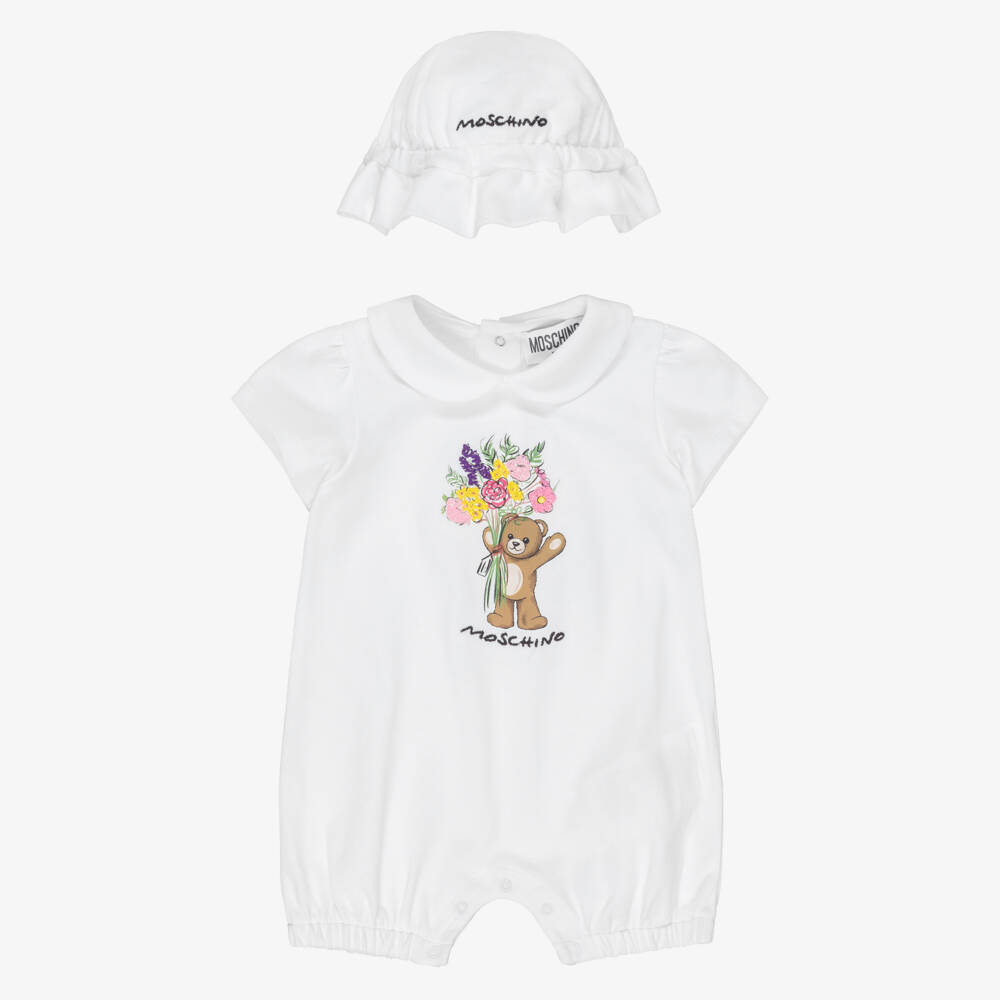 Moschino-White Flower Bear Pique Shortie And Sun Hat Set | Childrensalon Outlet