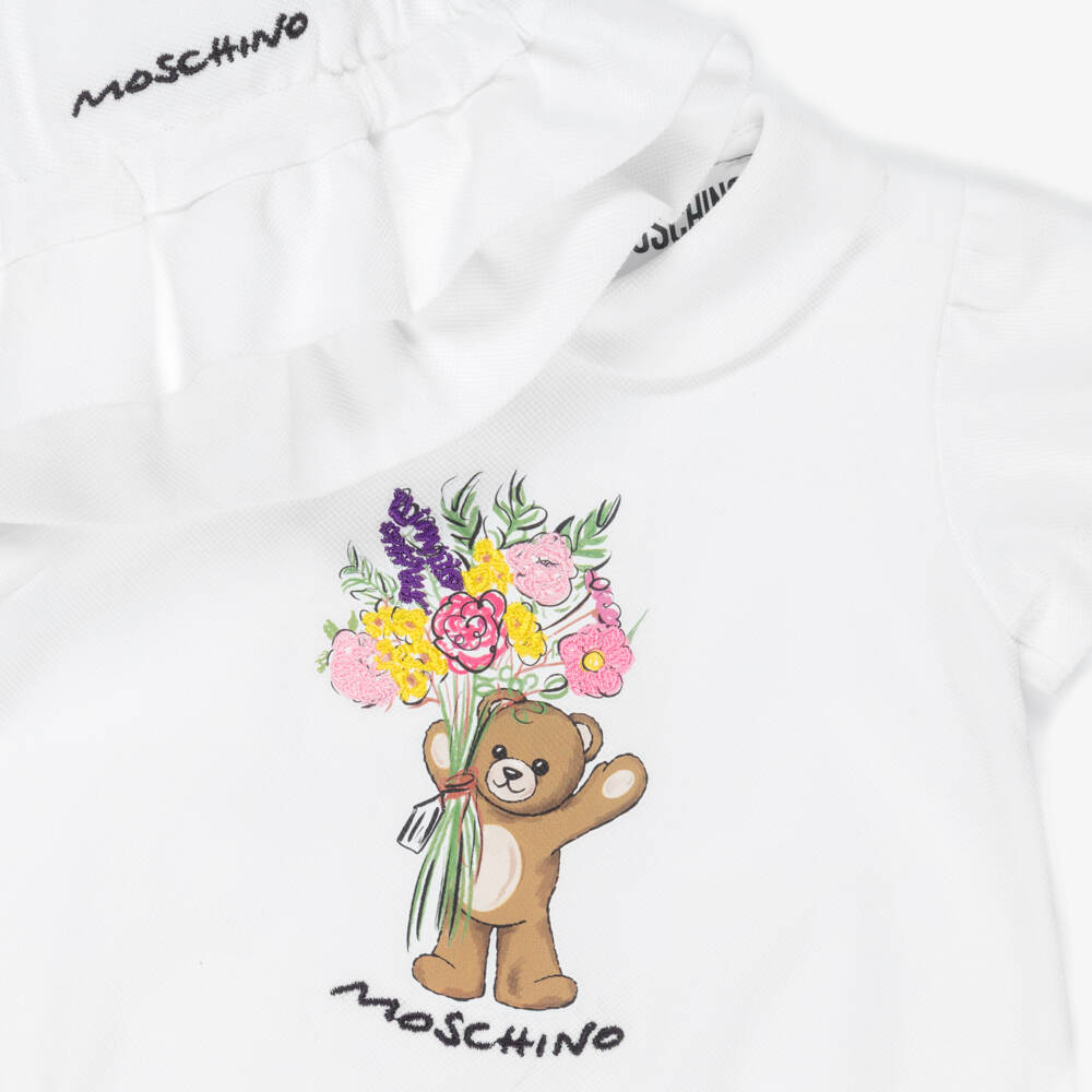 Moschino-White Flower Bear Pique Shortie And Sun Hat Set | Childrensalon Outlet