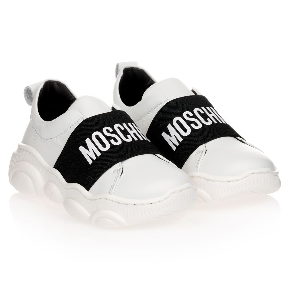 Moschino Kid-Teen - ترينرز جلد لون أبيض وأسود | Childrensalon