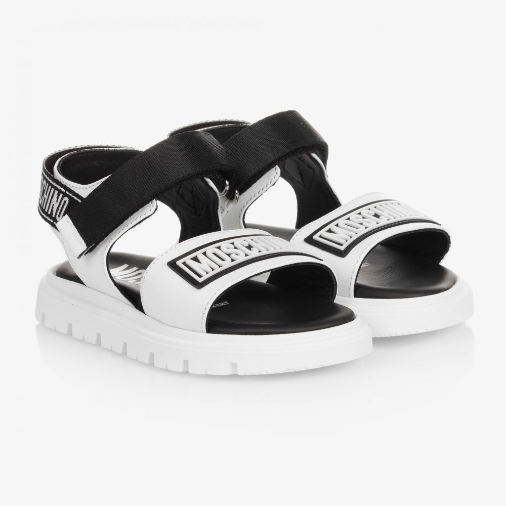 Moschino Kid Teen White Leather Velcro Sandals Childrensalon