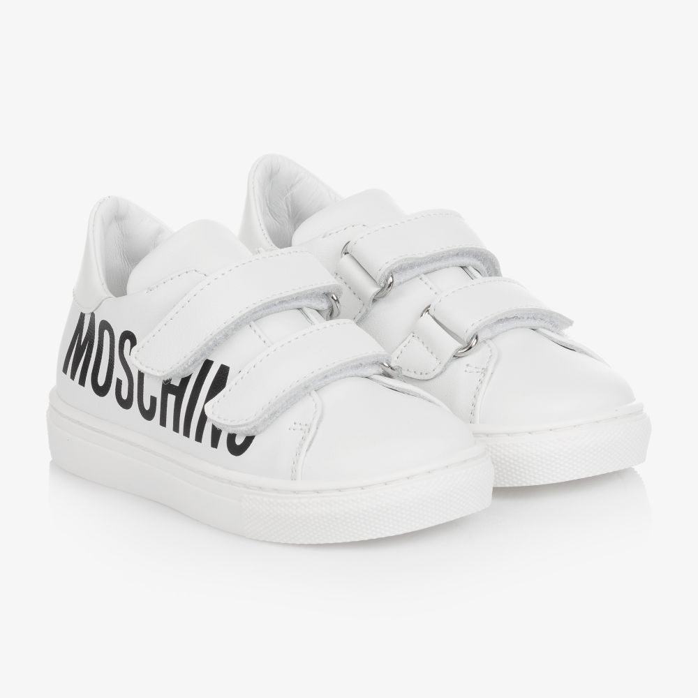 Moschino Kid-Teen - ترينرز جلد بشريط لاصق لون أبيض للأطفال | Childrensalon