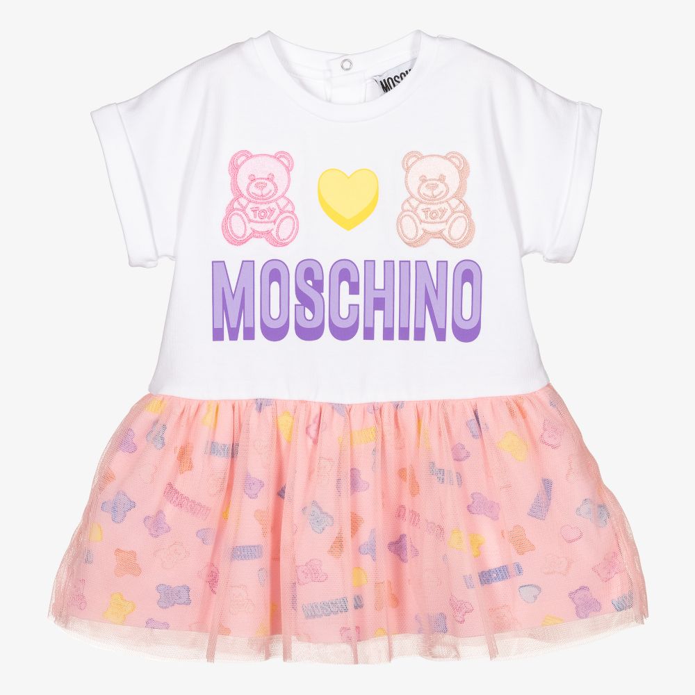 Moschino Baby - Robe blanche et rose en coton | Childrensalon