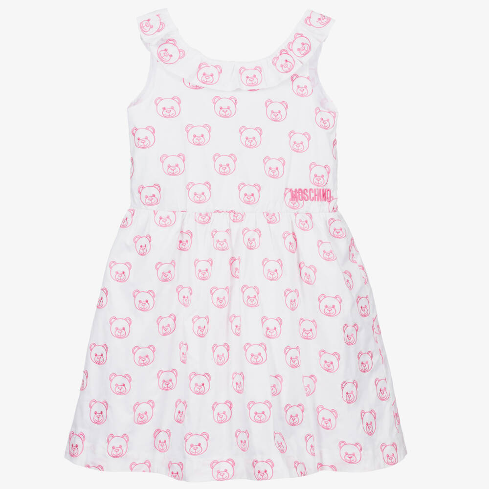 Moschino Kid-Teen-White & Pink Cotton Logo Dress | Childrensalon Outlet