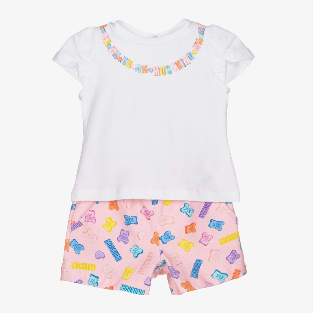 Moschino Baby-White & Pink Cotton Shorts Set | Childrensalon Outlet