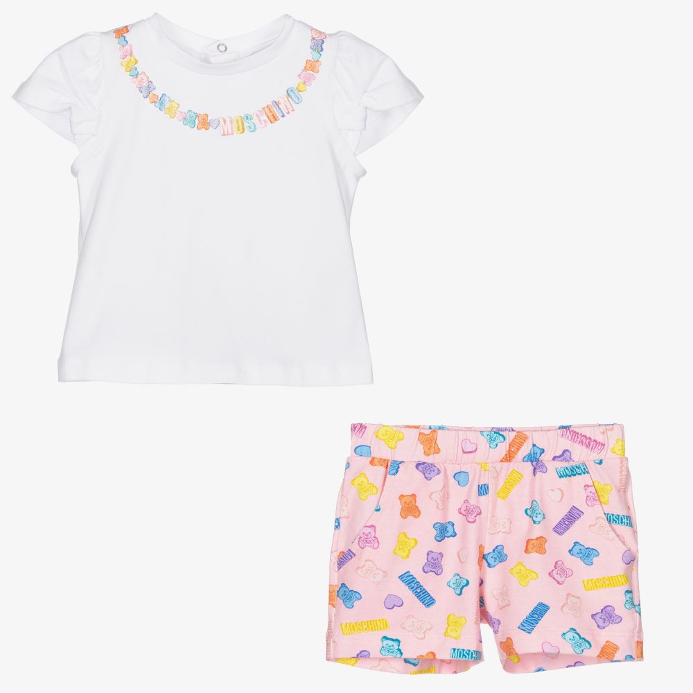 Moschino Baby-White & Pink Cotton Shorts Set | Childrensalon Outlet