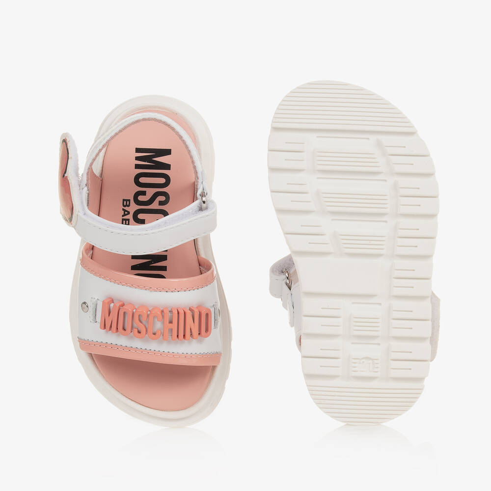 Moschino Kid-Teen-White & Pink Leather Sandals | Childrensalon Outlet