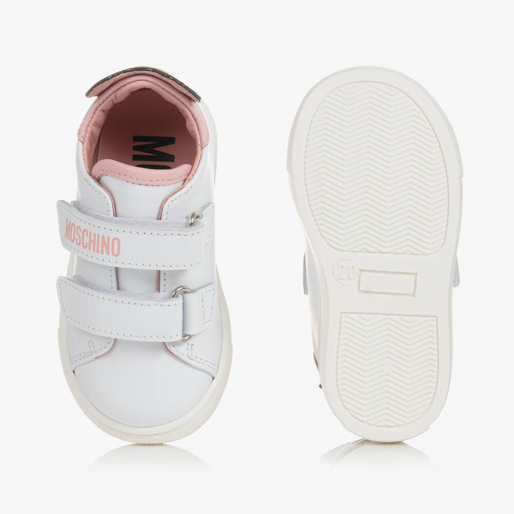 Moschino Кид-Тин-White & Pink Leather Teddy Bear Trainers | Childrensalon Outlet