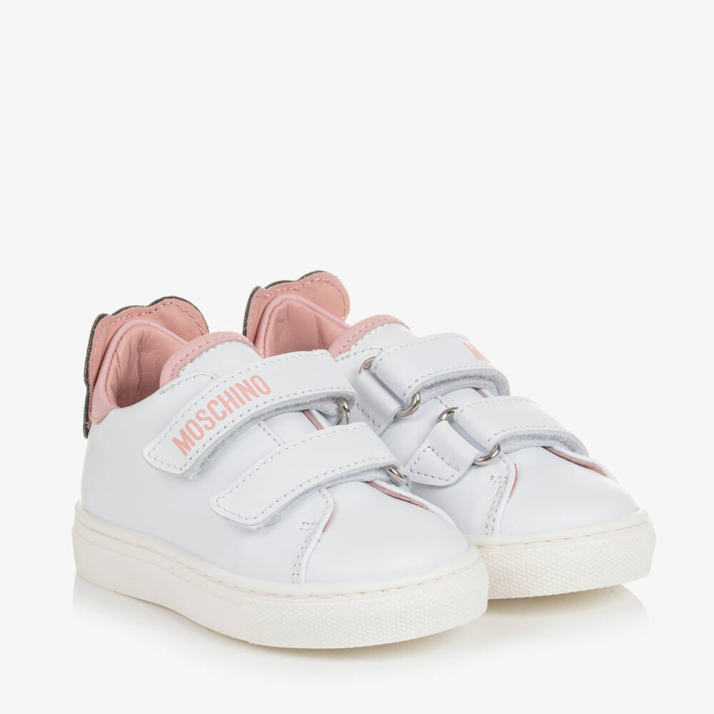 Moschino Кид-Тин-White & Pink Leather Teddy Bear Trainers | Childrensalon Outlet