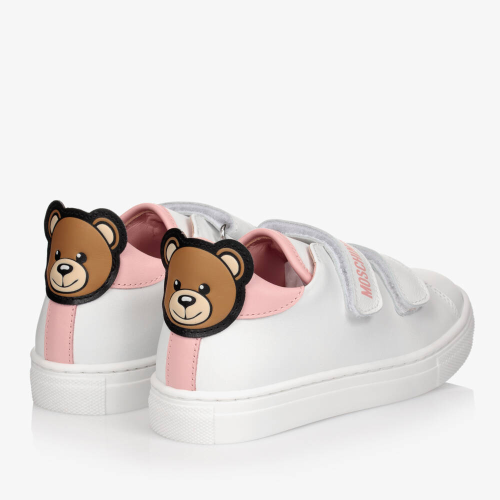 Moschino Кид-Тин-White & Pink Leather Teddy Bear Trainers | Childrensalon Outlet