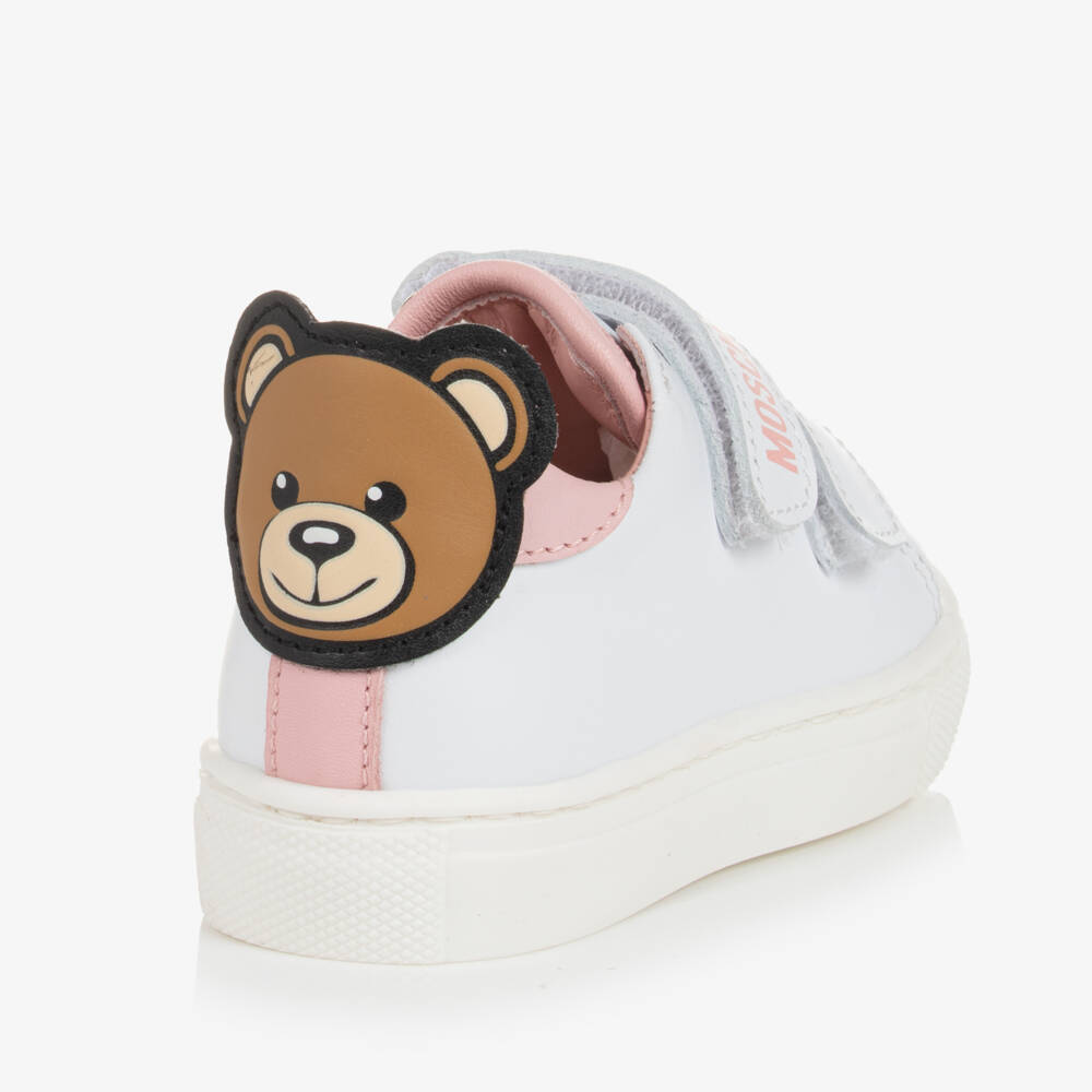 Moschino Кид-Тин-White & Pink Leather Teddy Bear Trainers | Childrensalon Outlet