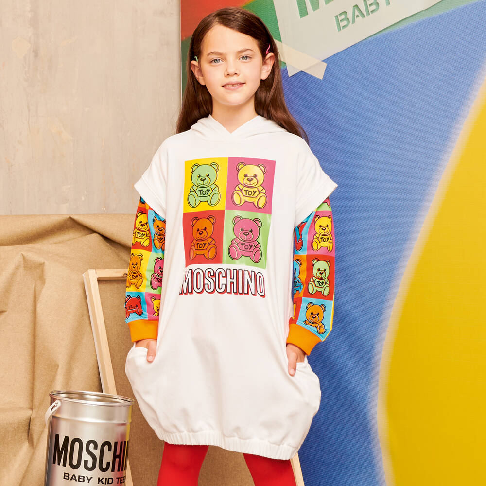 Moschino Kid-Teen-فستان هودي قطن جيرسي لون أبيض | Childrensalon Outlet