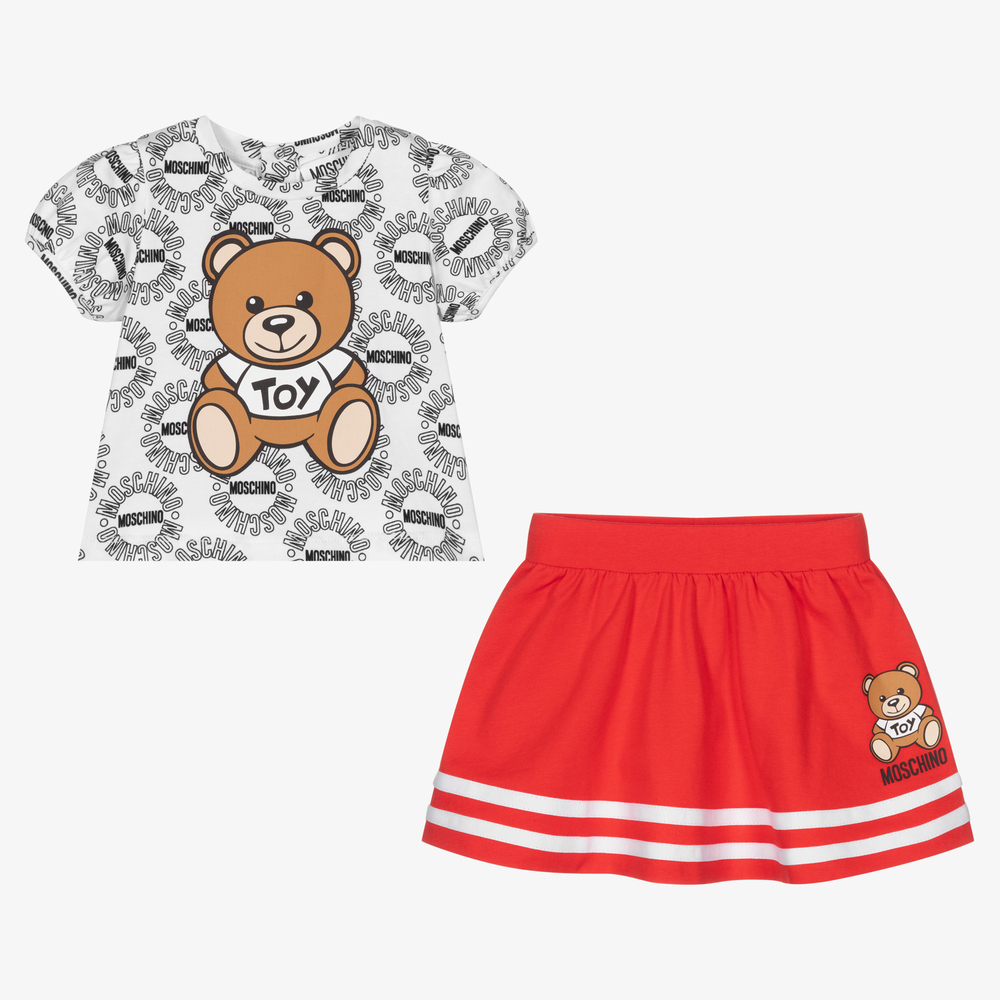 2025SS MOSCHINO Baby ハートテディスカートセット WH (C-36m) Moschino Baby - White & Red Baby Skirt Set | Childrensalon