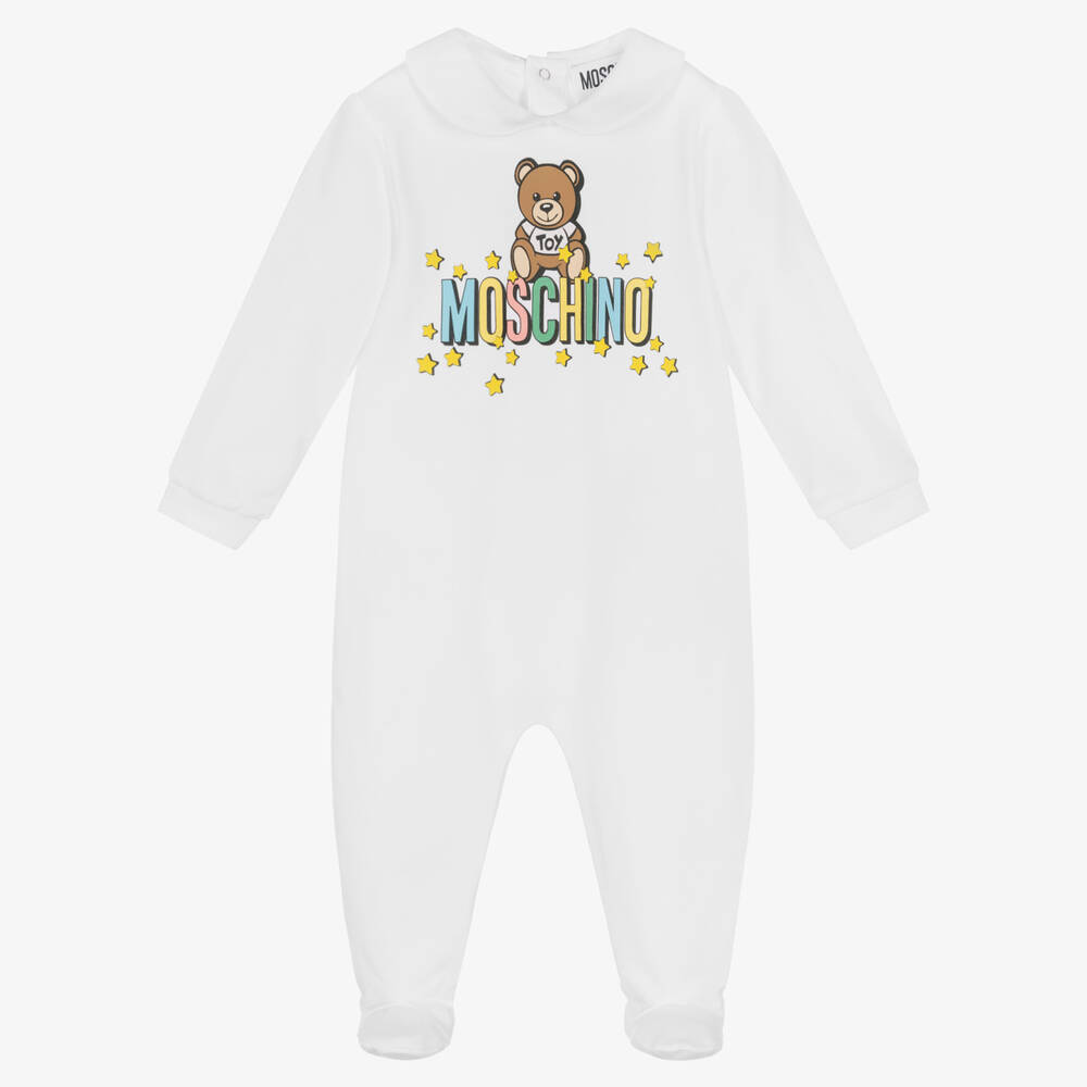 Moschino Baby - White Teddy Bear Cotton Babygrow | Childrensalon