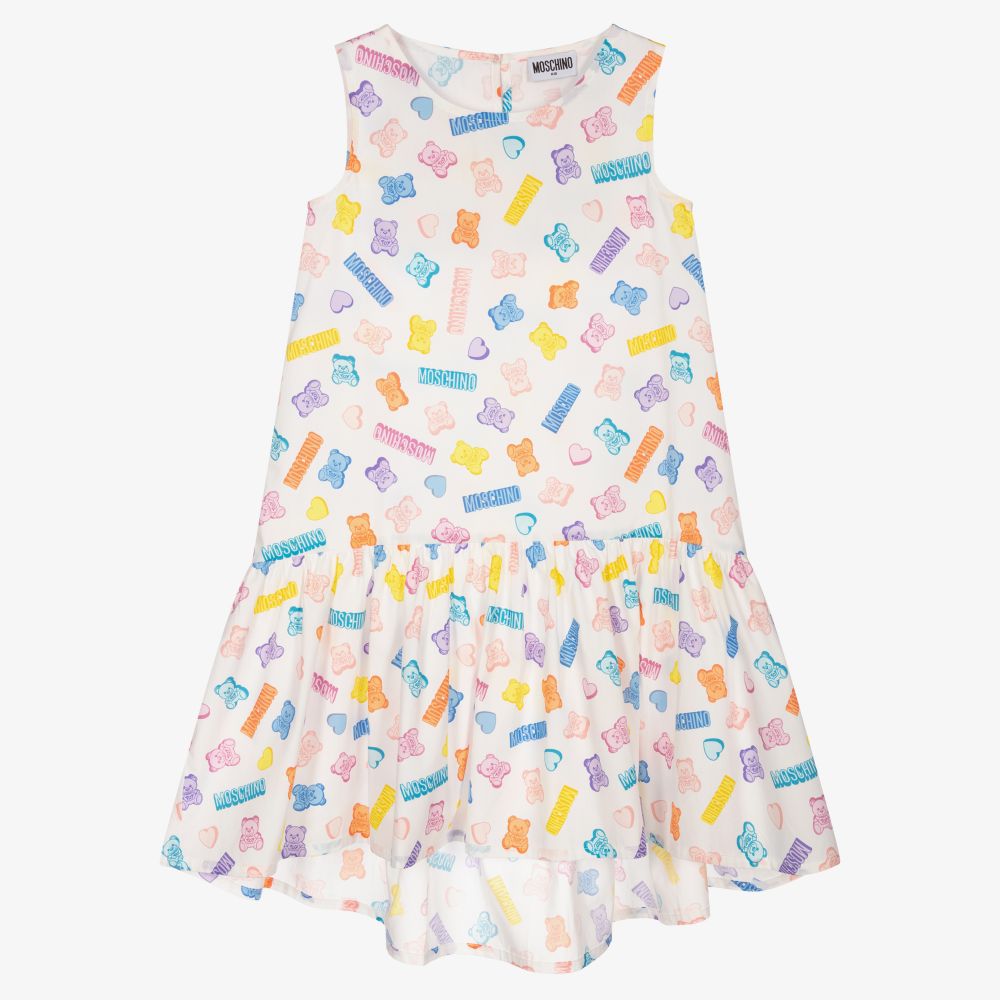 Moschino Kid-Teen - Белое платье с медвежатами и сердечками | Childrensalon