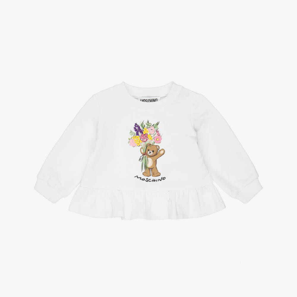 Moschino-White With Flowers Bear Frill Sweatshirt | Childrensalon Outlet