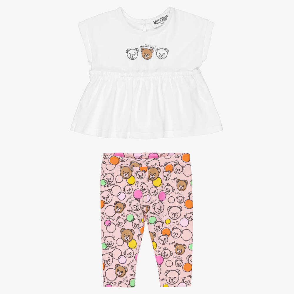 Moschino-White With Pink Bears Legging Set | Childrensalon Outlet