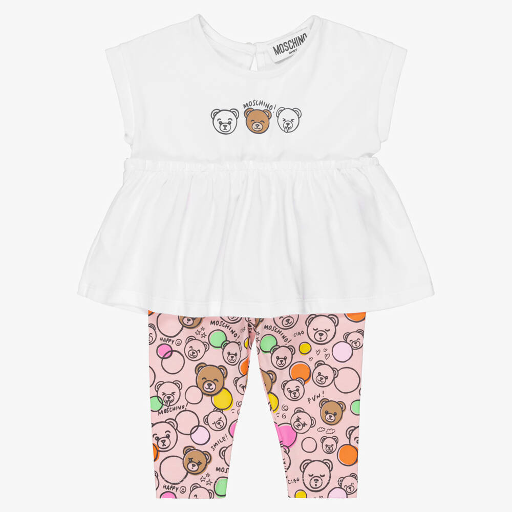 Moschino-White With Pink Bears Legging Set | Childrensalon Outlet