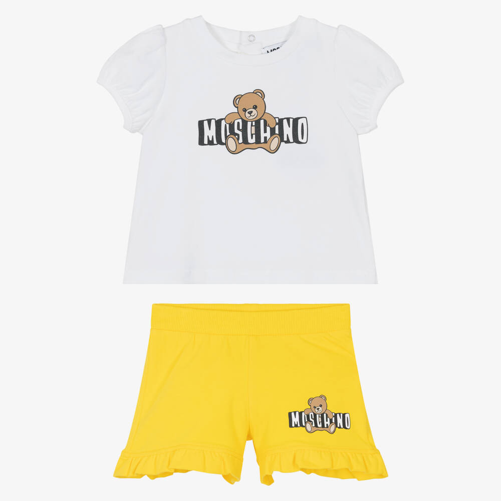 Moschino-White With Yellow Bear Logo Shorts Set | Childrensalon Outlet