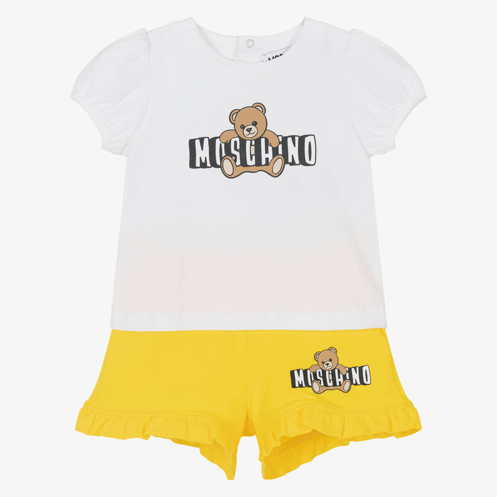 Moschino-White With Yellow Bear Logo Shorts Set | Childrensalon Outlet