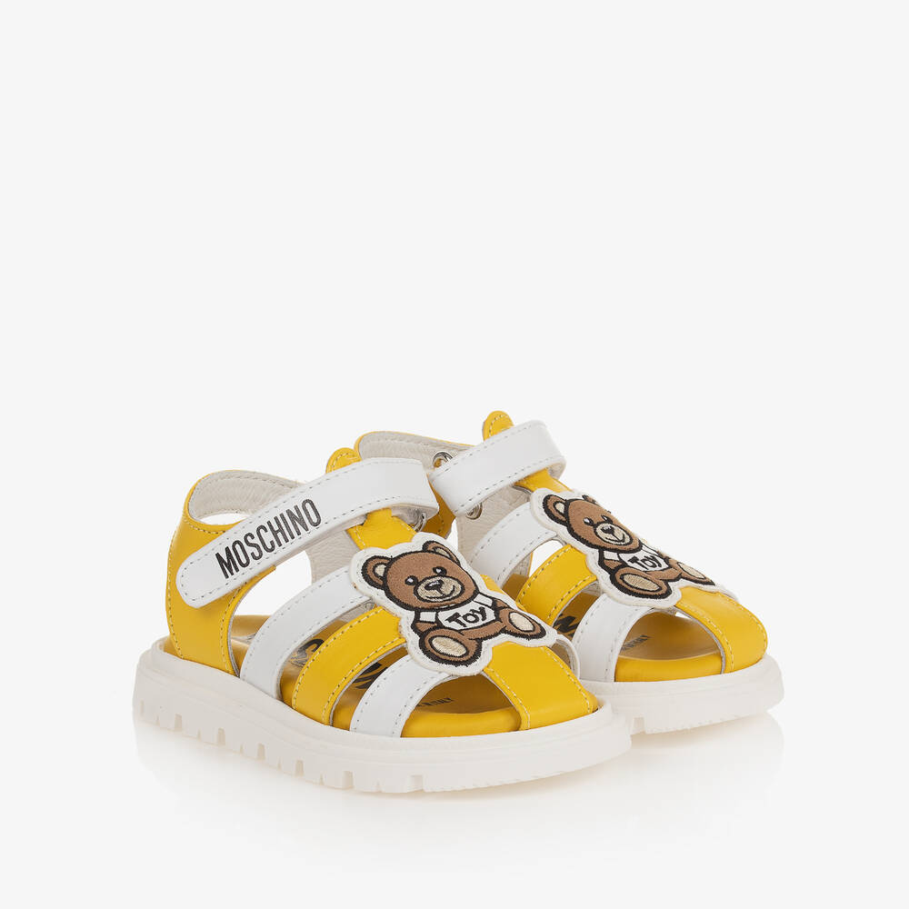 Moschino Kid-Teen-White & Yellow Leather Teddy Bear Sandals | Childrensalon Outlet