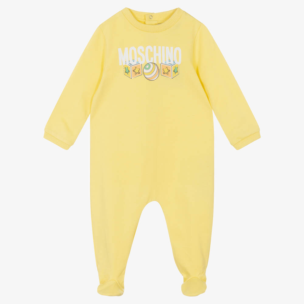 Moschino Baby - Yellow Cotton Logo Babygrow | Childrensalon